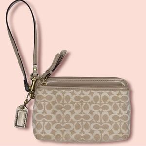 Coach Mini Wristlet Wallet Signature Canvas Logo Beigi & Gold 2 Zip Pockets